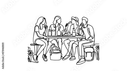 group of people doing a picnic one line illustration