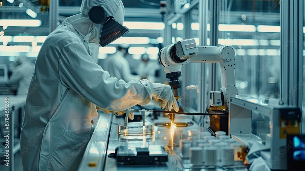 Engineers programming a robotic arm in a high-tech manufacturing plant, highlighting collaboration between humans and machines. Engineers programming a robotic arm in a high-tech manufacturing plant, highlighting collaboration between humans and machines.
