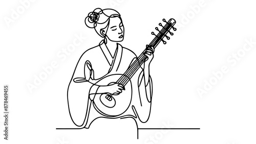 japanese woman playing biwa single line drawing