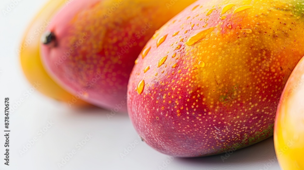 Close-up of ripe, juicy mangoes with water droplets on white background. Fresh tropical fruit, healthy eating, summer concept. Close-up of ripe, juicy mangoes with water droplets on white background. Fresh tropical fruit, healthy eating, summer concept.