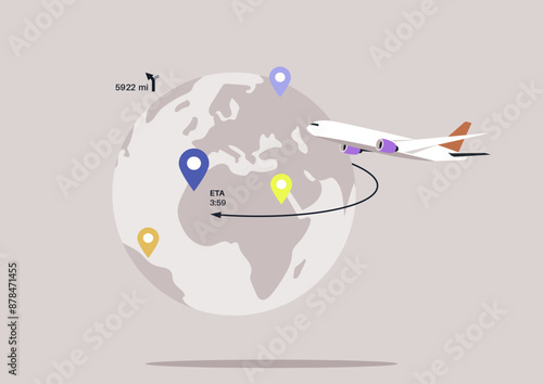An airplane flies around a simplified representation of Earth, showing various destination pins, flight paths, and an ETA, symbolizing global travel and navigation
