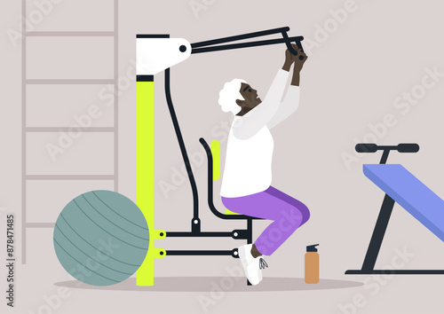 An older woman with gray hair is exercising at the gym on a fitness machine, pulling it down with both hands