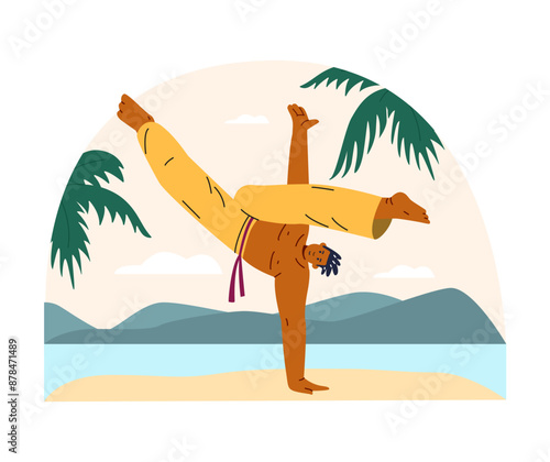 Young man doing capoeira handstand kick on the beach, Brazilian Capoeira dance fight sport, martial art vector