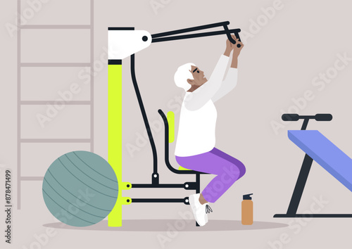 An older woman with gray hair is exercising at the gym on a fitness machine, pulling it down with both hands