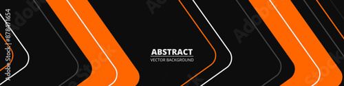 Black abstract wide horizontal banner with orange white and gray lines, arrows and angles. Dark modern sporty bright futuristic horizontal abstract background. Wide vector illustration EPS10.