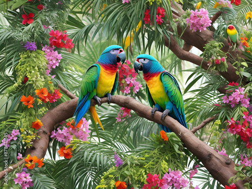 two parrots on a tree  on  lily's   flowers,Ai generated  photo