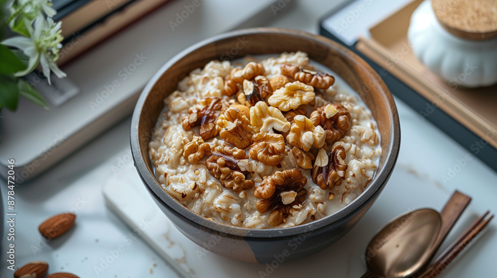 Healthy oatmeal porridge mixed with walnuts Healthy oatmeal porridge mixed with walnuts
