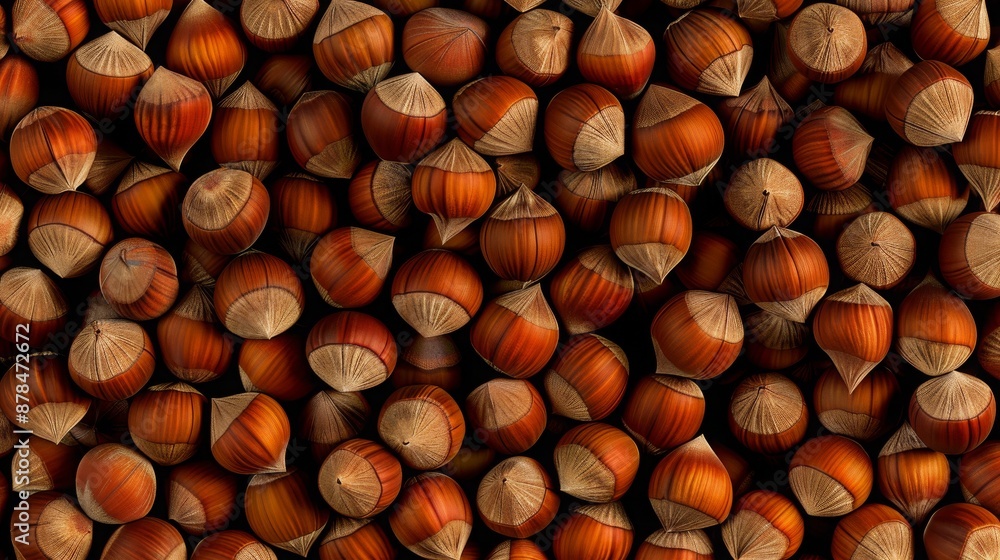 A large pile of whole, unshelled hazelnuts arranged in a tightly packed pattern, displaying their rich brown tones and smooth textures under warm lighting. A large pile of whole, unshelled hazelnuts arranged in a tightly packed pattern, displaying their rich brown tones and smooth textures under warm lighting.