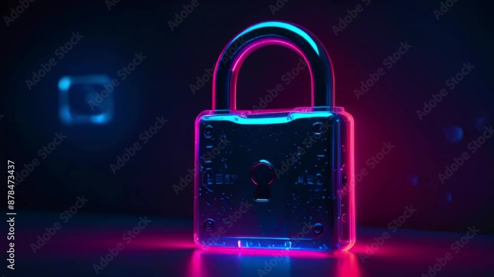 A glowing blue and pink padlock against a dark background. A glowing blue and pink padlock against a dark background.