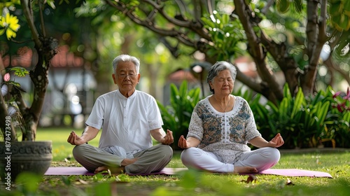 Senior couple practicing yoga together in a peaceful 