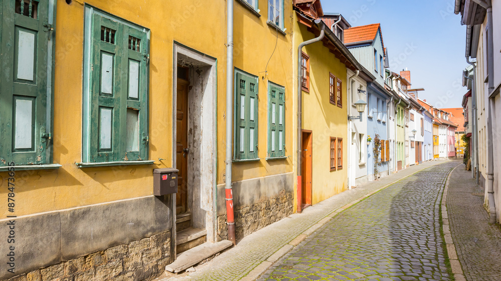 Panorama of colorful houses in a cobblestoned street in Erfurt, Germany