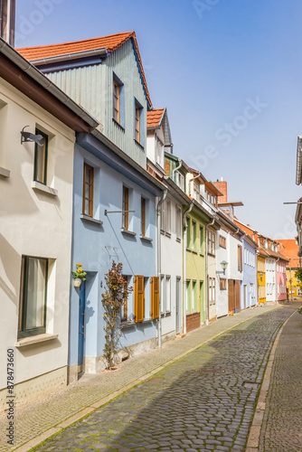 Obraz na płótnie Colorful houses in a cobblestoned street in Erfurt, Germany w salonie