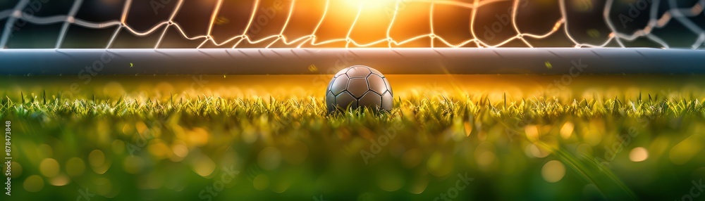 Fototapeta premium Soccer Goal Area on Pitch, A Close-Up View of the Scoring Zone, The Ball Lies Just Inside the Goal Line on the Green Turf, A Perfect Shot Taken at Sunset, Football Goal Area Picture, Pitch Goal Goal