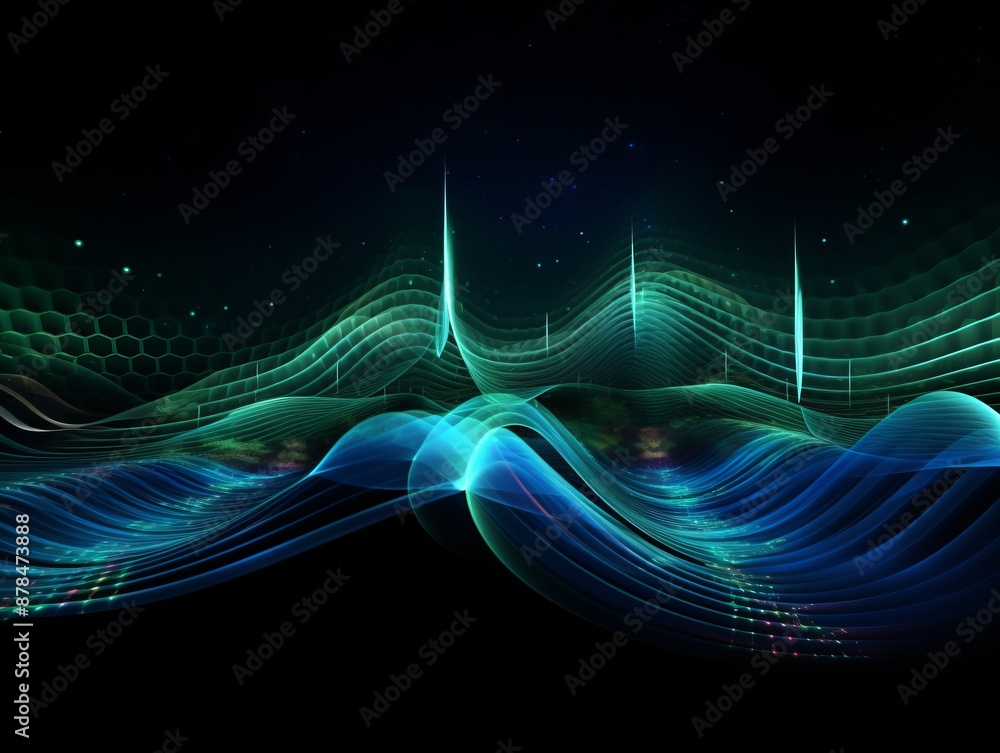Abstract radio waves in blue and green on a dark background. Abstract radio waves in blue and green on a dark background.