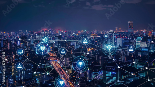 A city night landscape showing network connections with digital icons, reflecting a modern, advanced urban environment.