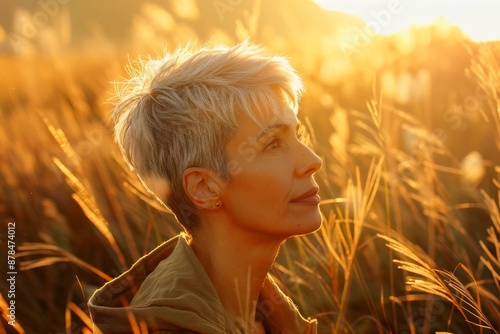 A woman with short silver hair standing in a field of tall grass at sunset.