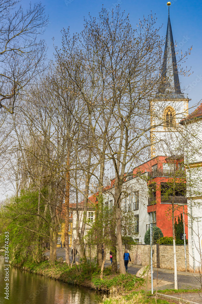 Tower of the historic Nikolai church at the park in Erfurt, Germany