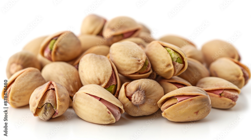 Fresh pistachios resting on a clean white background Fresh pistachios resting on a clean white background