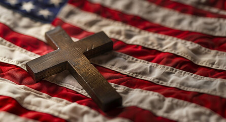 American flag and wooden christian cross close up