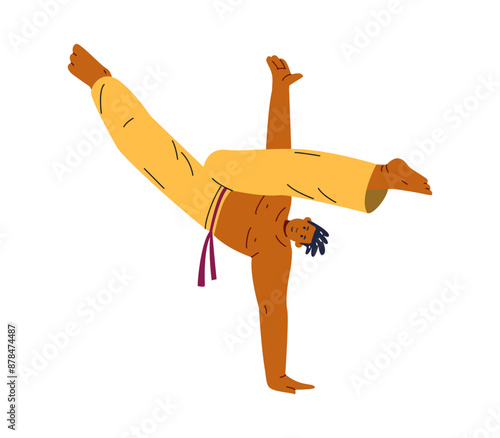 Young man doing capoeira handstand kick, performing movement, Brazilian Capoeira dance fight sport, martial art vector