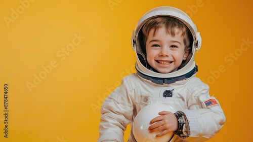 A young boy dressed as an astronaut smiles while holding his helmet on a yellow background.