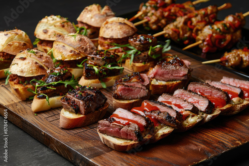 A trio of carnivore canapes steak crostini pulled pork sliders spicy sausage bites