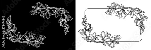 Luxury botanical wedding frame elements. Set of rectangular shapes, magnolia flowers, magnolia leaves and branches. Elegant foliage design for wedding, cards, invitations, congratulations