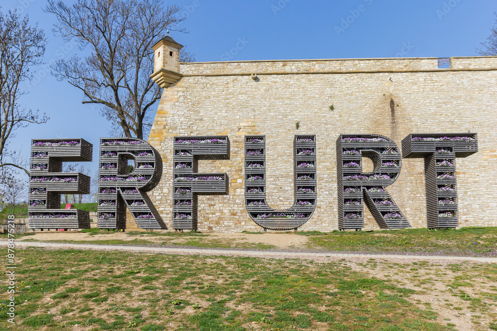 City name in large letters at the citadel wall in Erfurt, Germany