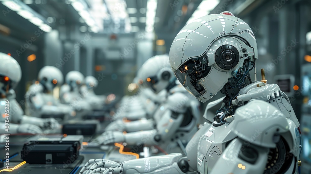 Robots assembling complex machinery parts in a high-tech manufacturing facility. Robots assembling complex machinery parts in a high-tech manufacturing facility.