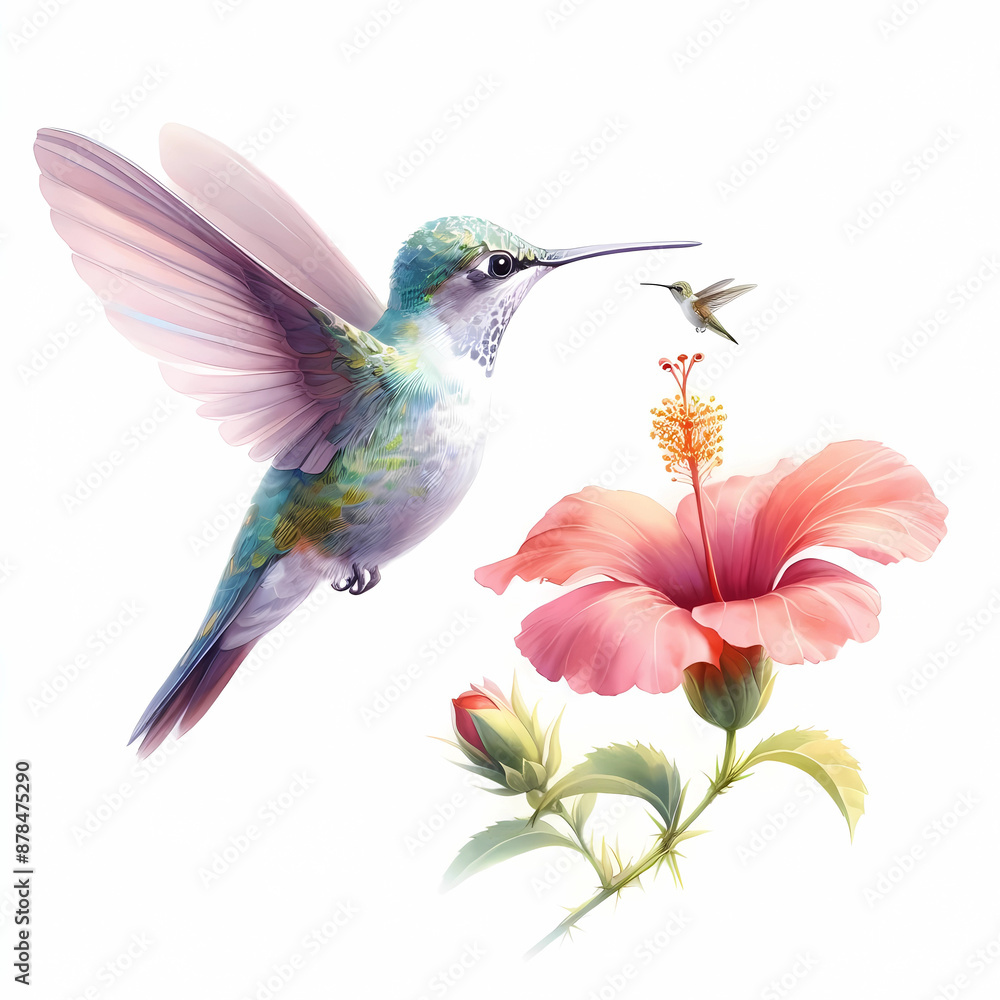 Obraz premium hummingbird hovering over a flower on white background