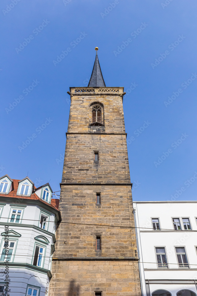 Front of the historic Bartholomausturm tower in the Anger shopping street of Erfurt, Germany