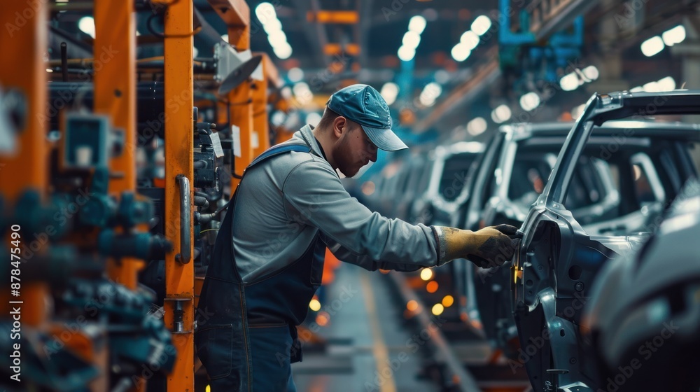 Fototapeta premium Auto Worker Inspecting Car Door on Assembly Line