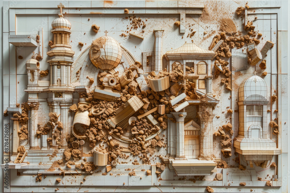Artful composition of church elements intertwined with crumbs Artful composition of church elements intertwined with crumbs
