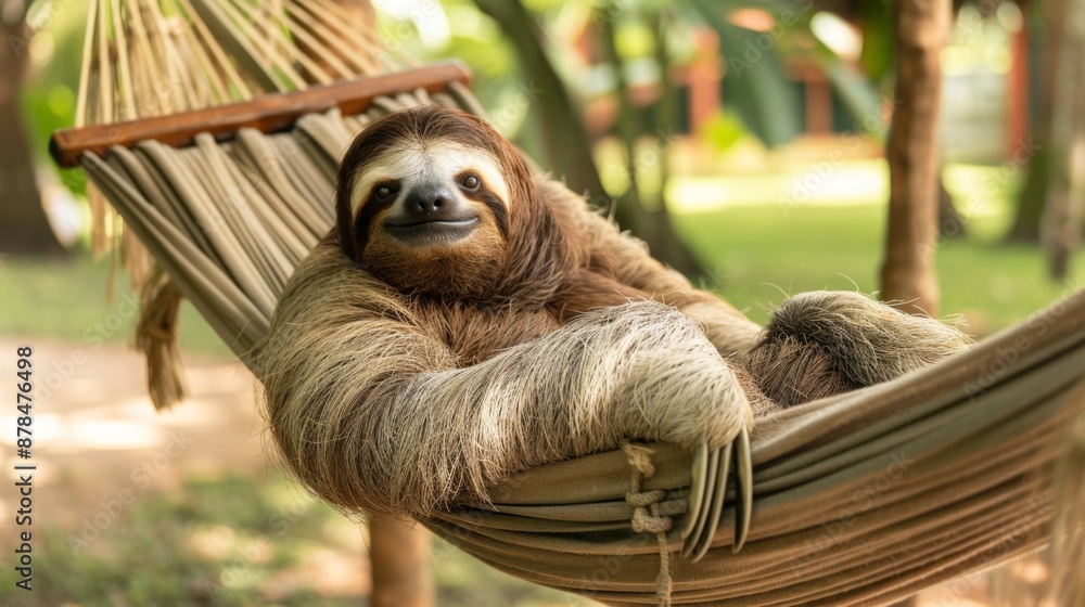 Fototapeta premium A sloth lounging in a hammock, swaying gently in the breeze