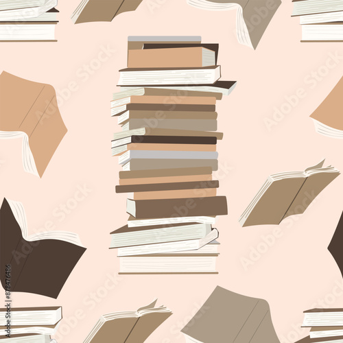 Seamless book background. Open books flying. Hand drawn back to school knowledge concept