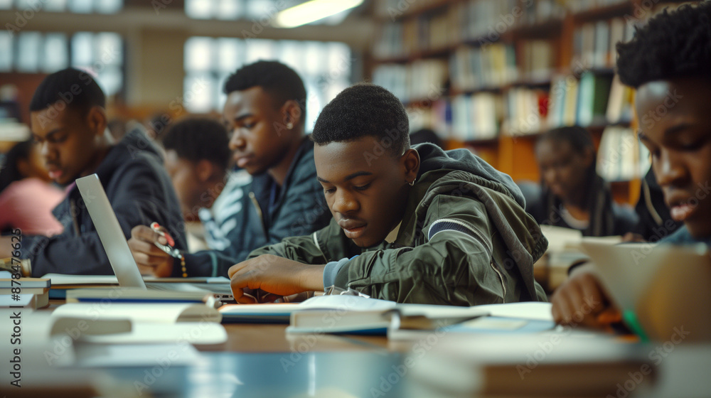 Focused students studying in a library, surrounded by books and laptops. Academic environment highlighting diligent and hardworking youth preparing for exams Focused students studying in a library, surrounded by books and laptops. Academic environment highlighting diligent and hardworking youth preparing for exams