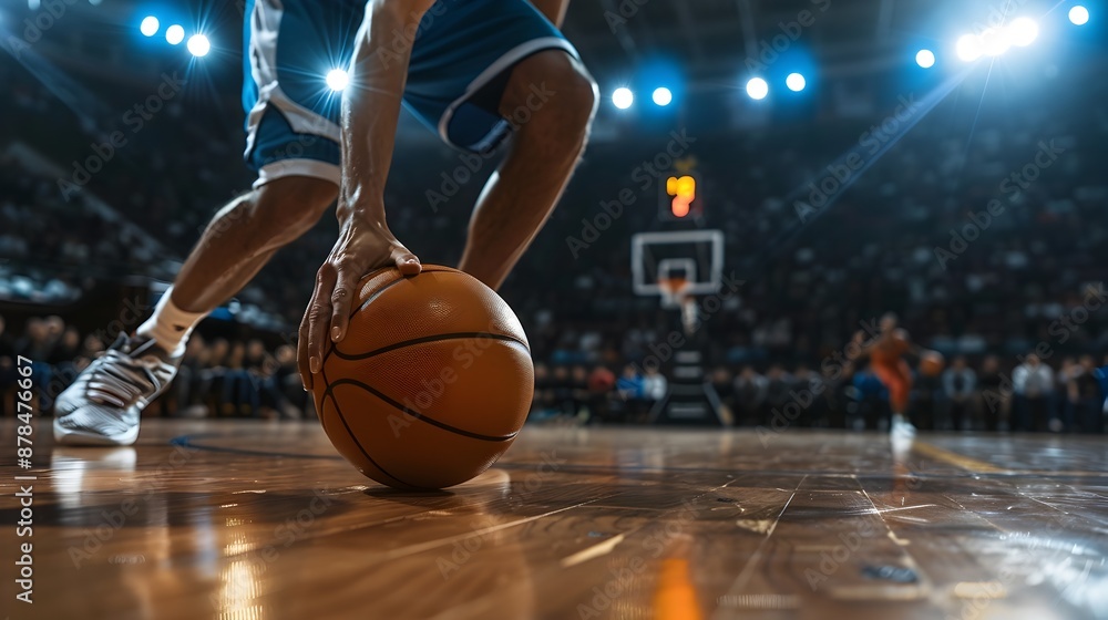 Intense Basketball Court Action with Player Dribbling and Driving Towards Hoop