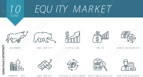 Equity market outline icons set. Creative icons: bull market, bear market, capital gain, profit, money management, interest rate, gold market, return of investment, investment analysis, investment