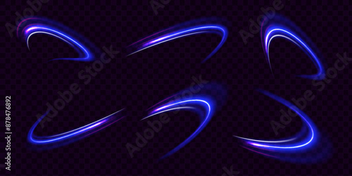 Lines in the shape of a comet against a dark background. Illustration of high speed concept. Curved light trail stretched upward. Vector Illustration.