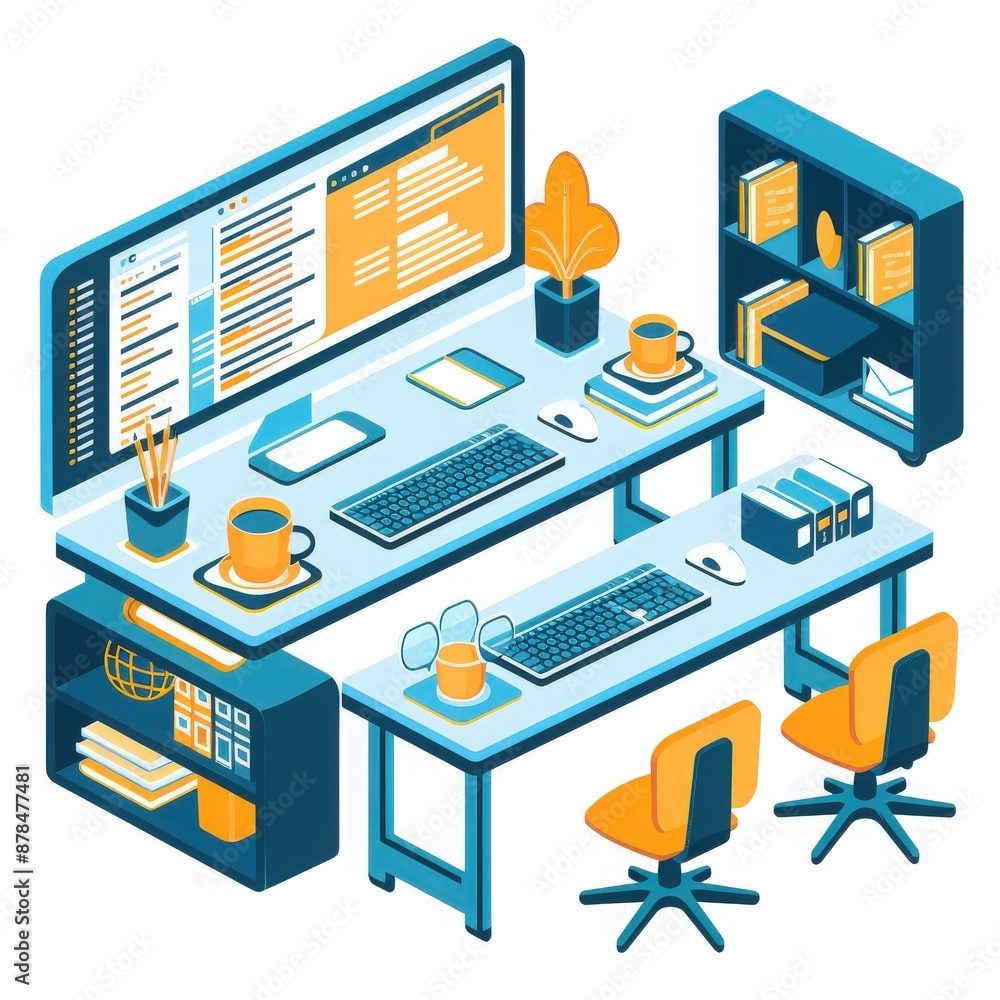 3D illustration of a modern office workspace with dual monitors, ergonomic chairs, and organized shelves for a productive work environment. 3D illustration of a modern office workspace with dual monitors, ergonomic chairs, and organized shelves for a productive work environment.