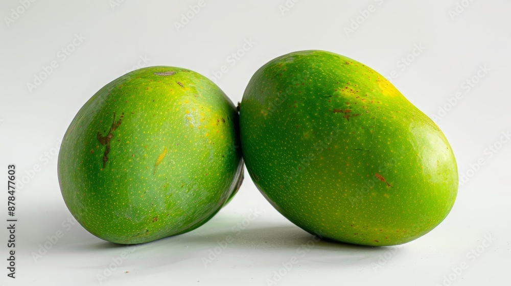 Two Fresh Green Mangoes on White Background Two Fresh Green Mangoes on White Background