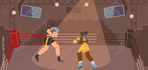 Women's boxing match in the ring in a vector format in a flat style.
