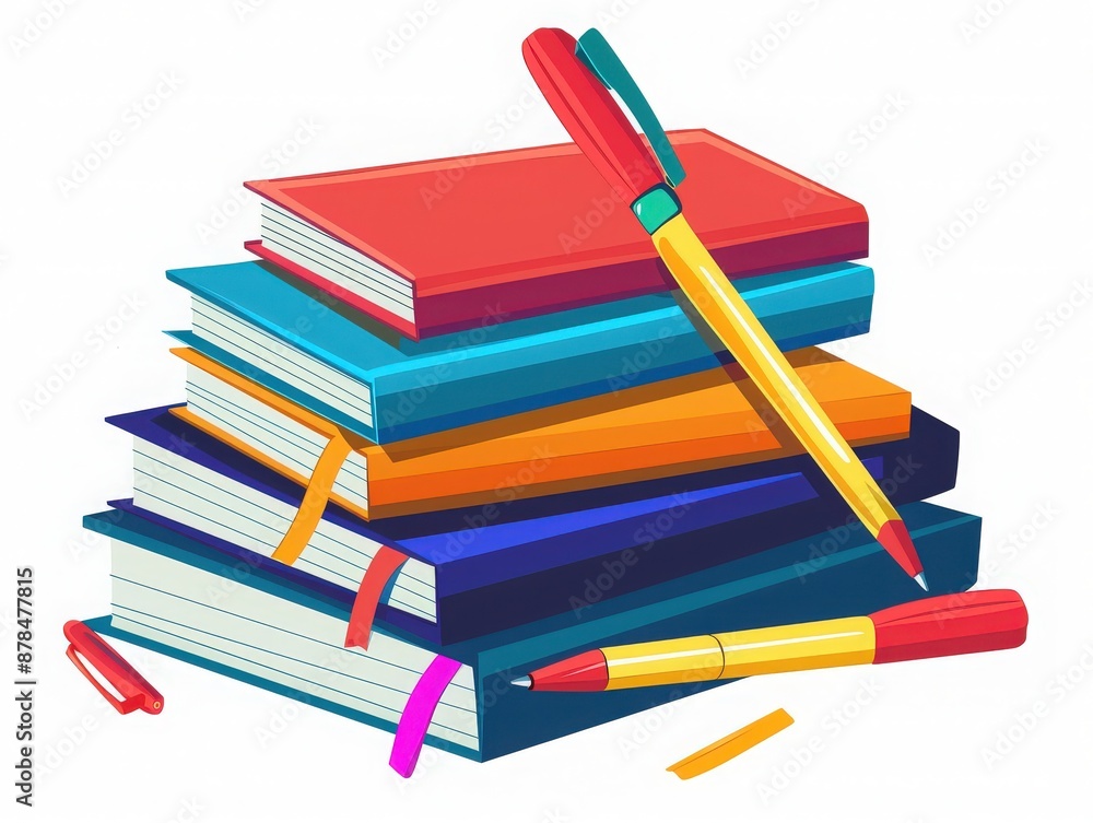 Stack of colorful books and pens on a white background, symbolizing education, learning, and academic activities. Stack of colorful books and pens on a white background, symbolizing education, learning, and academic activities.