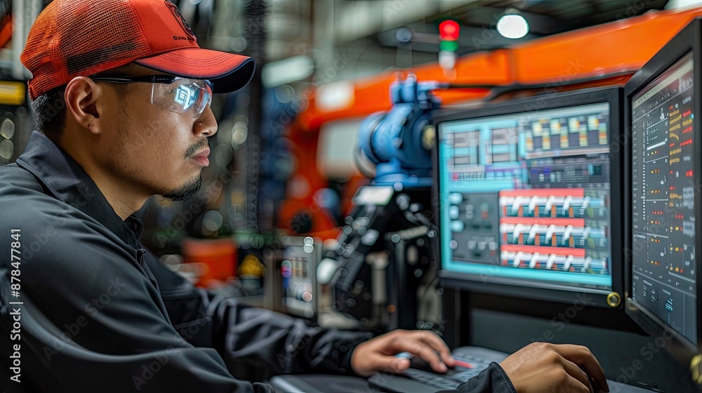 A technician using advanced software to control and optimize robotic manufacturing processes. A technician using advanced software to control and optimize robotic manufacturing processes.