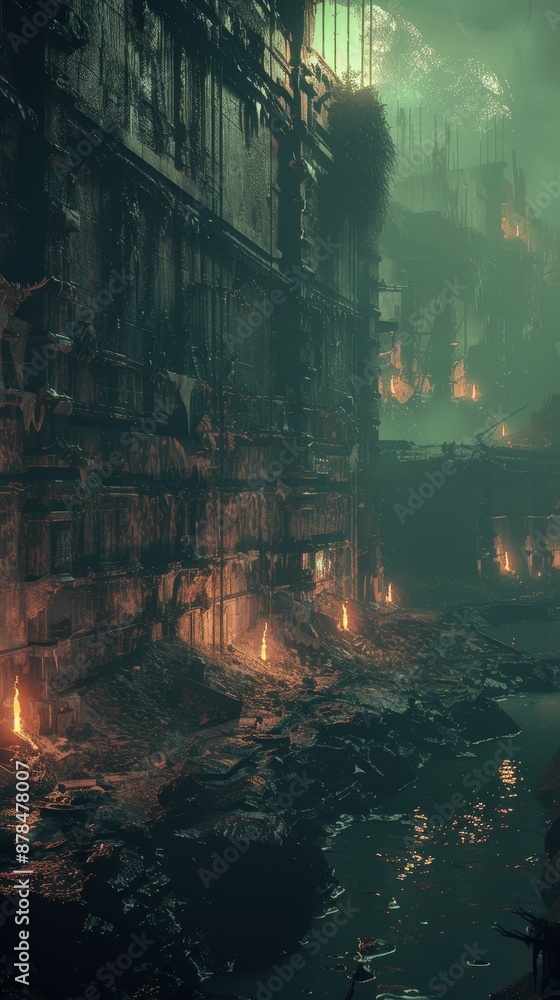 A dark and gloomy cityscape with a river running through it generated by AI A dark and gloomy cityscape with a river running through it generated by AI