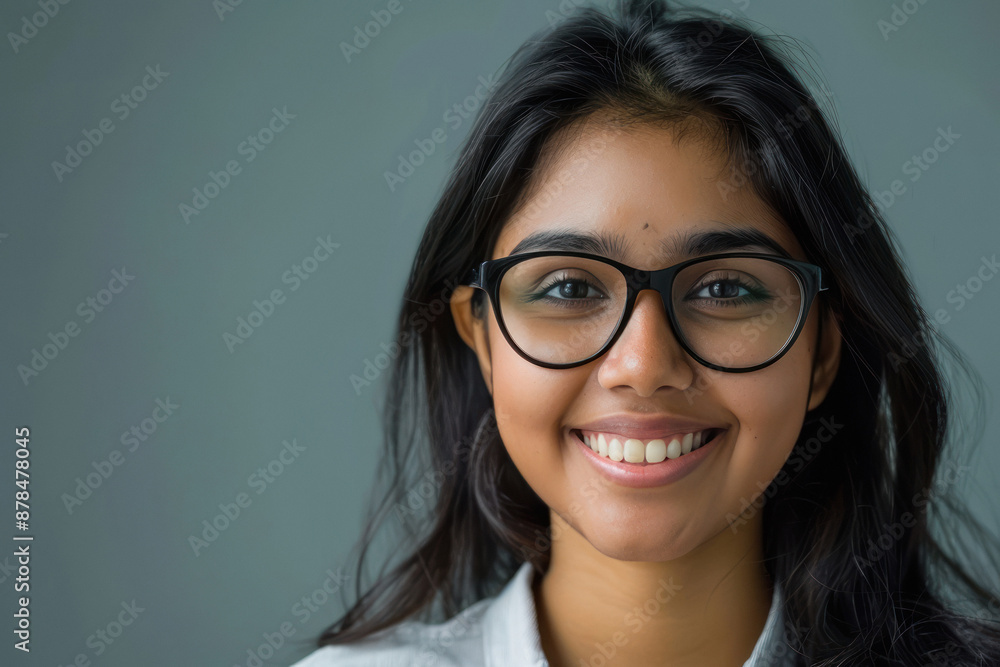 Close-up studio portrait of a smiling young Indian beautiful female student wearing glasses Close-up studio portrait of a smiling young Indian beautiful female student wearing glasses