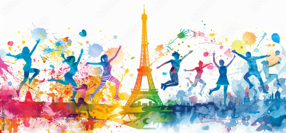 Abstract vector illustration of people jumping around the Eiffel Tower, Abstract vector illustration of people jumping around the Eiffel Tower,