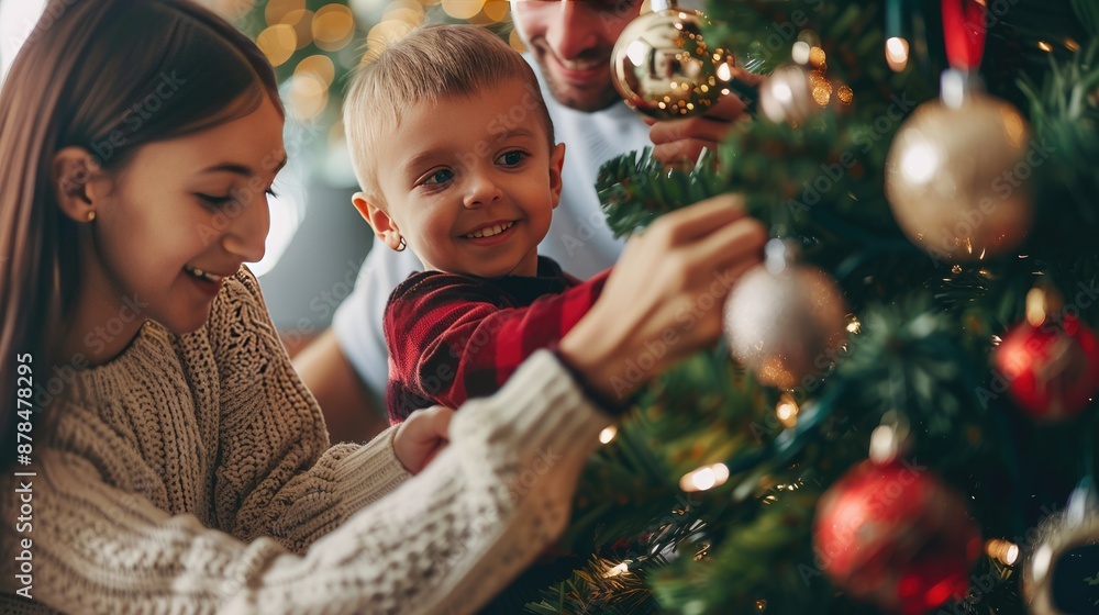 Family decorating a Christmas tree together Family decorating a Christmas tree together