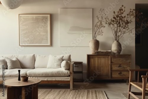 Serene Living Room Showcasing Warm Minimalism Featuring Natural Elements and Cozy Decor
