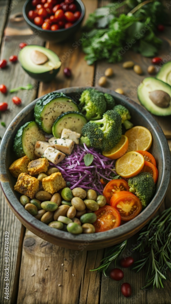 A bowl filled with a colorful and healthy assortment of food. A bowl filled with a colorful and healthy assortment of food.